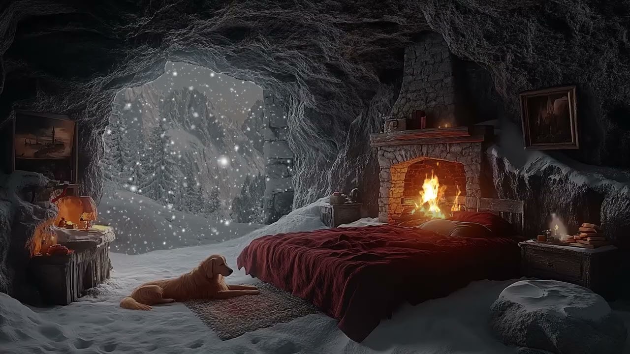 Blizzard Wind and Fire Crackling Sound in a Cave for Deep Sleep and Relaxation