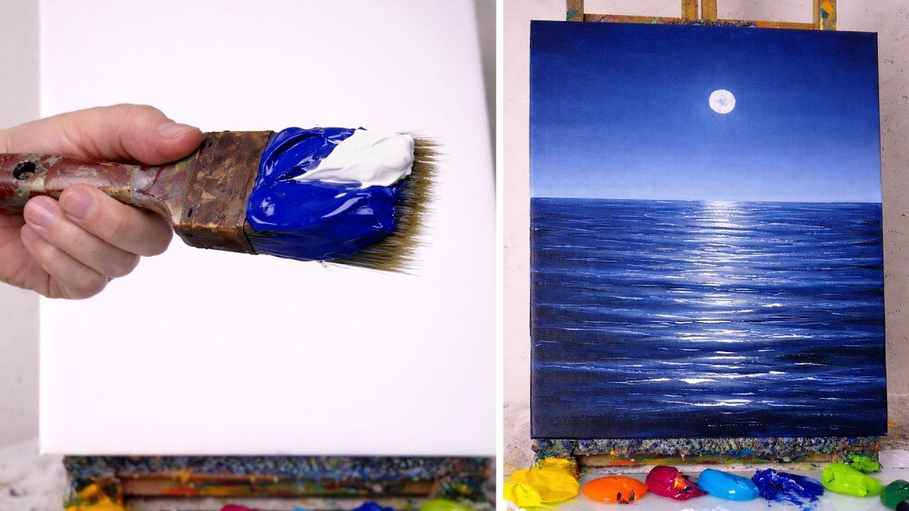 Beautiful Moonlight Ocean Acrylic Painting | Step-by-Step Acrylic Tutorial for Beginners #419
