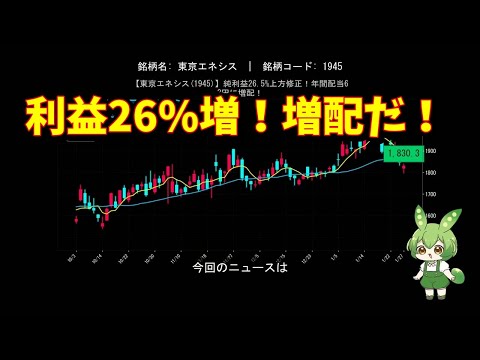 【東京エネシス(1945)】純利益26.5%上方修正！年間配当63円に増配！