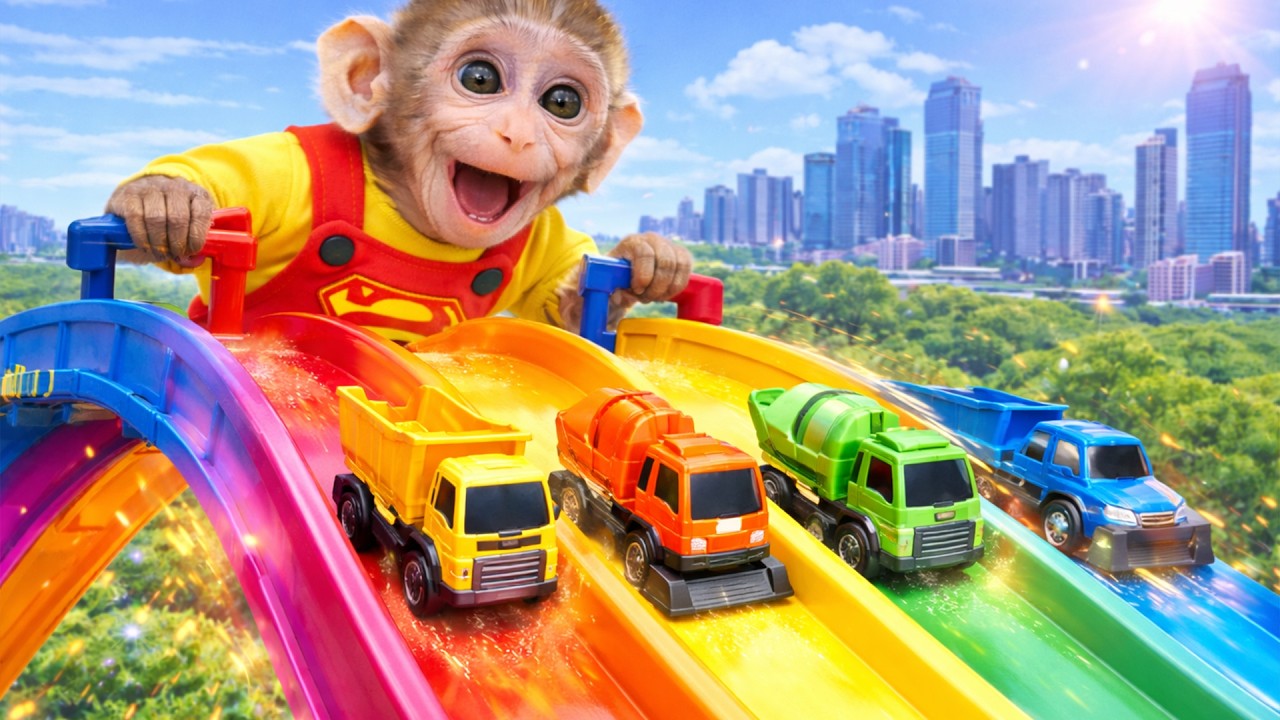 Monkey Baby races colorful toy trucks down the rainbow slide with big excitement!! | Mono Magic TV