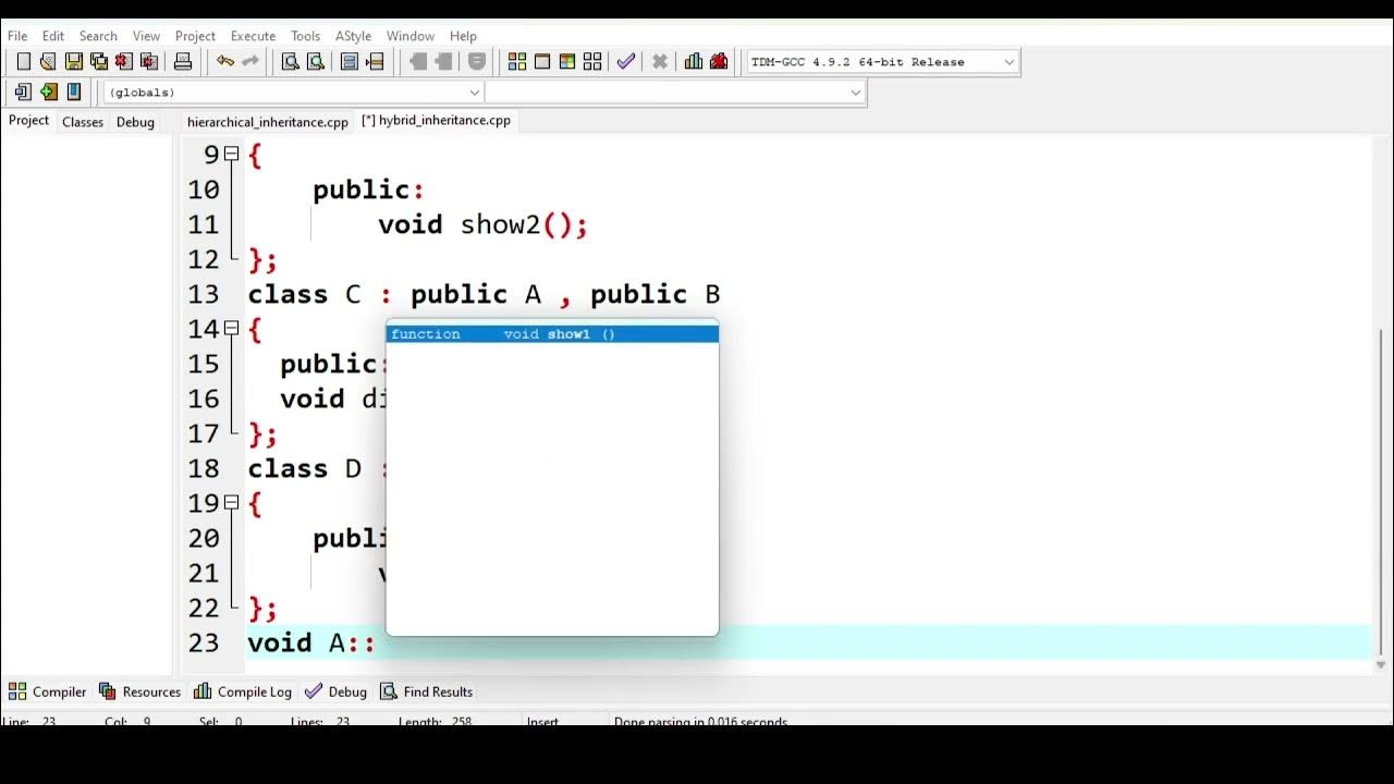 Program of hybrid inheritance of C++ language - YouTube