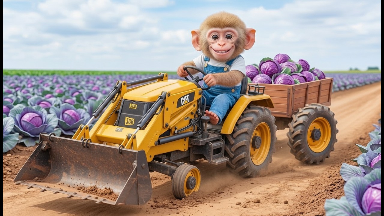 Cute Baby Monkey Harvesting Purple Cabbage on the Farm