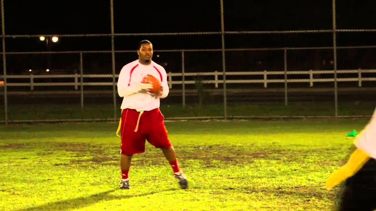 FlagFootbal 072814 GreenVsWhite Brandon J throws pass to Mike K 4