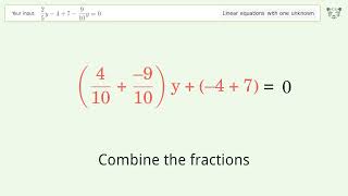 Linear equation with one unknown: Solve 2/5y-4+7-9/10y=0 step-by-step solution