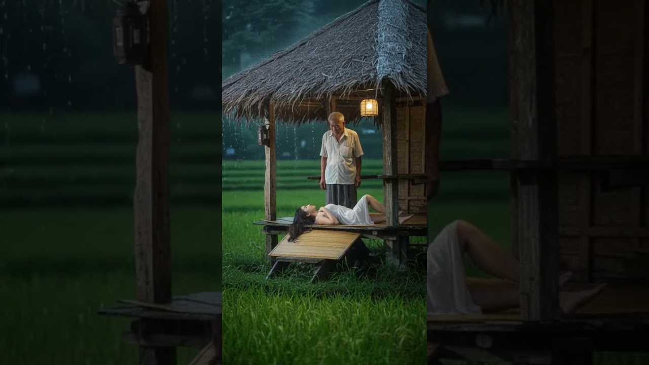 Beautiful Girl in Rainy Rice Field 