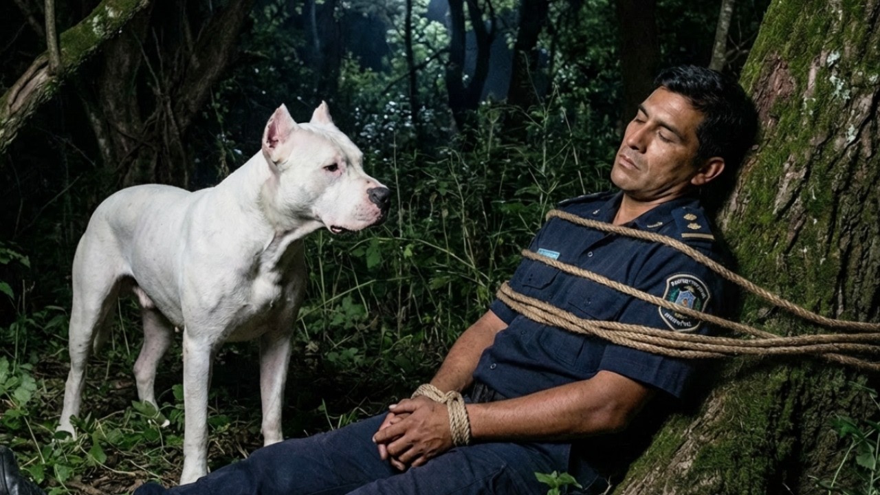 Este dogo argentino salva a un policía atado a un árbol — pero luego es sorprendido.