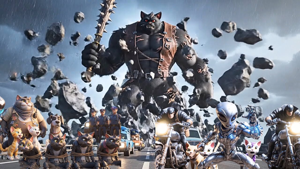 Father cat and police chase giant one-eyed cat and gang of black cat robbers on big motorbikes