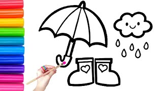 Umbrella and Boots Drawing, Painting and Coloring for Kids, Toddlers | Learn How to Draw Easy