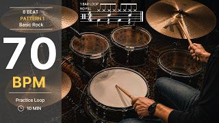 70 BPM Drum Loop | 8 Beat Pattern 1 - Basic Rock (No Fill) | 10 Min Practice