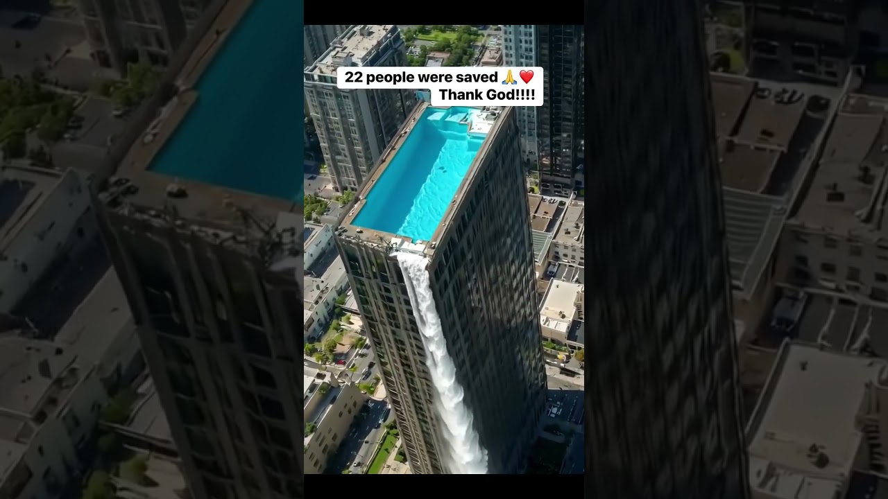 Pool leaking on the top the roof of tall building