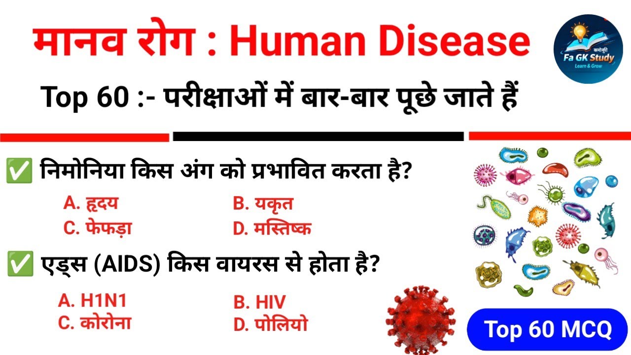Biology Gk | Disease | मानव रोग Gk Questions Answers | मानव रोग से संबंधित अति महत्वपूर्ण प्रश्न #gk