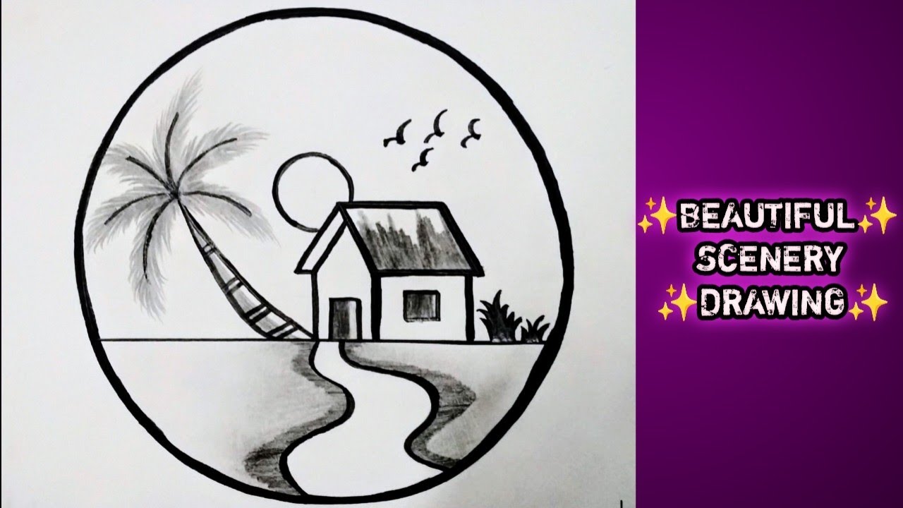 Beautiful Scenery Drawing | How To Draw A Scenery In A Circle | Simple ...