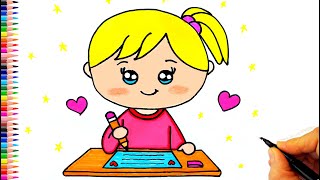 Yazı Yazan Sevimli Kız Çizimi ✍ 💖 Kız Çizimi - Kız Çizimleri Kolay - Öğrenci Çizimi