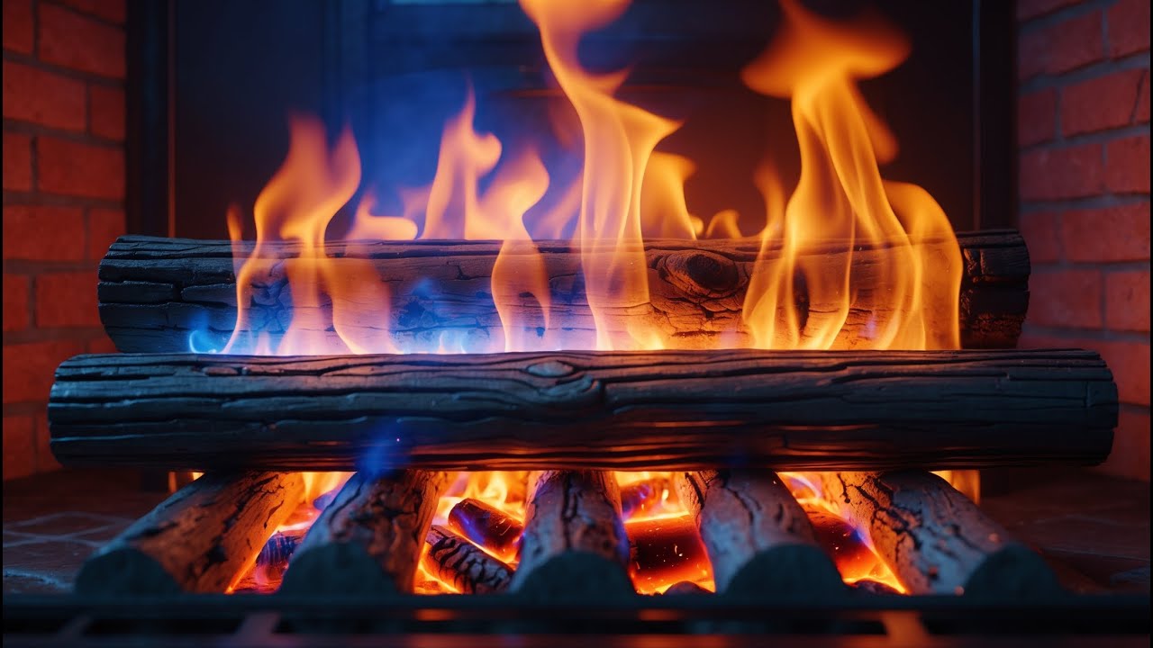 Deep Relaxation & Cozy Sleep – 12H Blue-Orange Flames Rising Over Stacked Logs with Gentle Fire Glow