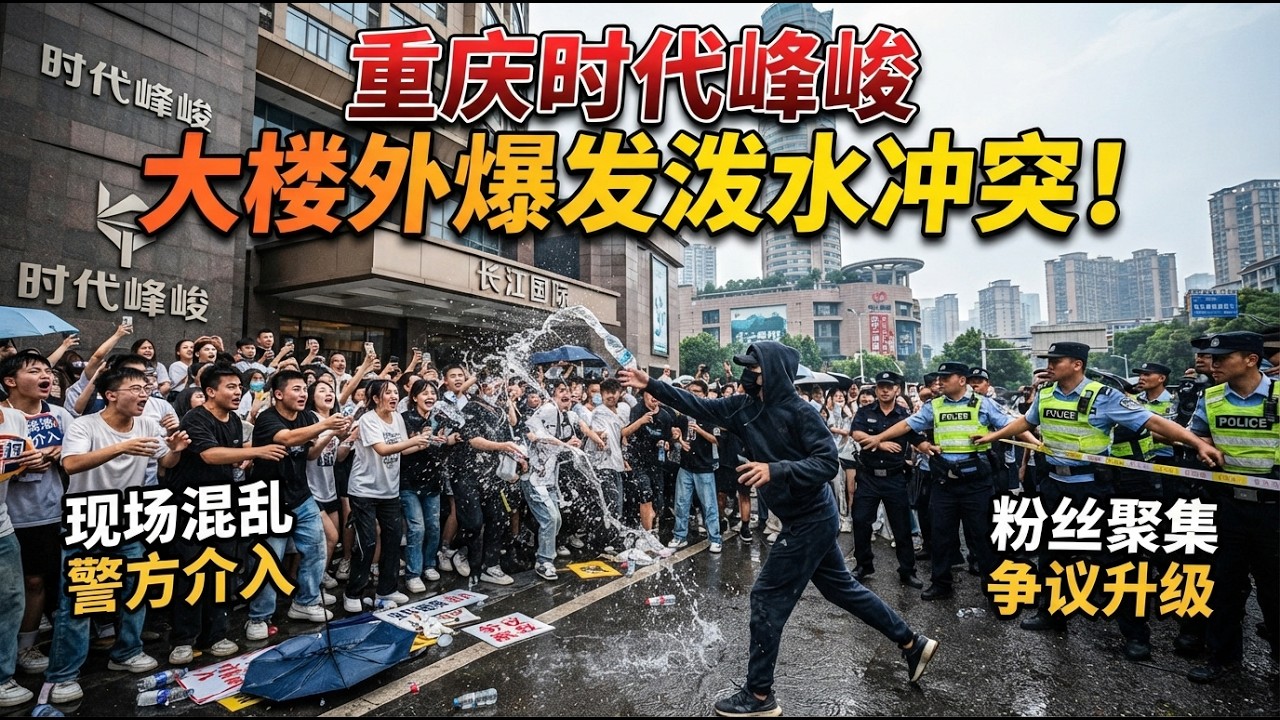 “嘉豪！蘑菇力！”时代峰峻楼下被“开团”！一句话如何引爆时代峰峻线下大战？现场失控！重庆时代峰峻大楼外爆发泼水冲突，警察特警紧急出动，到底发生了什么？｜嘉豪｜蘑菇力｜时代峰峻｜泼水冲突｜
