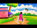 Easy Village Scenery Drawing Tutorial 🌿✨| Human figure drawing with oil pastels #art 