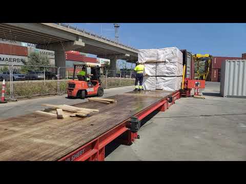 Fast and efficient loading system for various cargo types into containers.