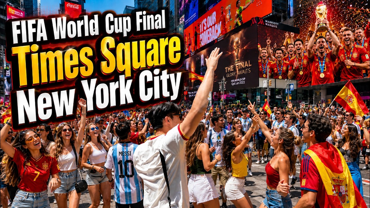 Argentina & Spain Fans Celebrate the FIFA World Cup Final in Times Square New York City thumbnail