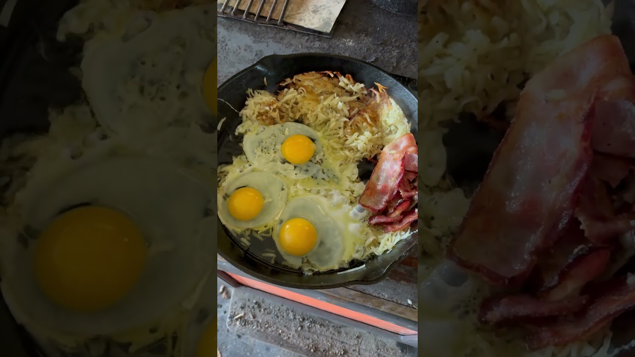 Cooking breakfast on wood stove/cooking/alaska/bacon/eggs/hash browns/wood stove/wilderness