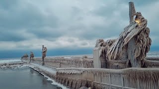 Powerful storm leaves behind unique ice sculptures on pier in Canada