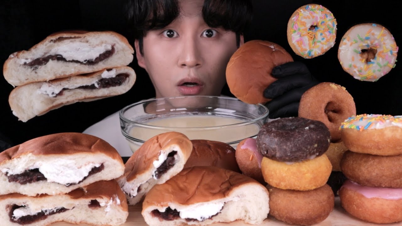 단팥크림빵 미니도넛 먹방 Cream Red Bean Bread, Doughnuts Dessert Mukbang パン デザート