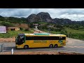 Ônibus dos romeiros voltando da romaria de fatima na pedra da boca . Imagem de drone