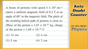 A beam of protons with speed 4 x 105 m/s enters a uniform magnetic field of 0.3 T at an angle of 60