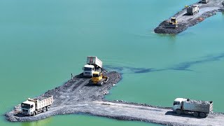 Best Amazing Dump Truck Filling Lake with Both SHANTUI Bulldozer Pushing Soil Building New Road