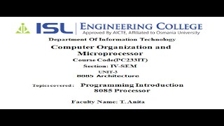 IT CO Lecture -17 Introduction to 8085 Programming