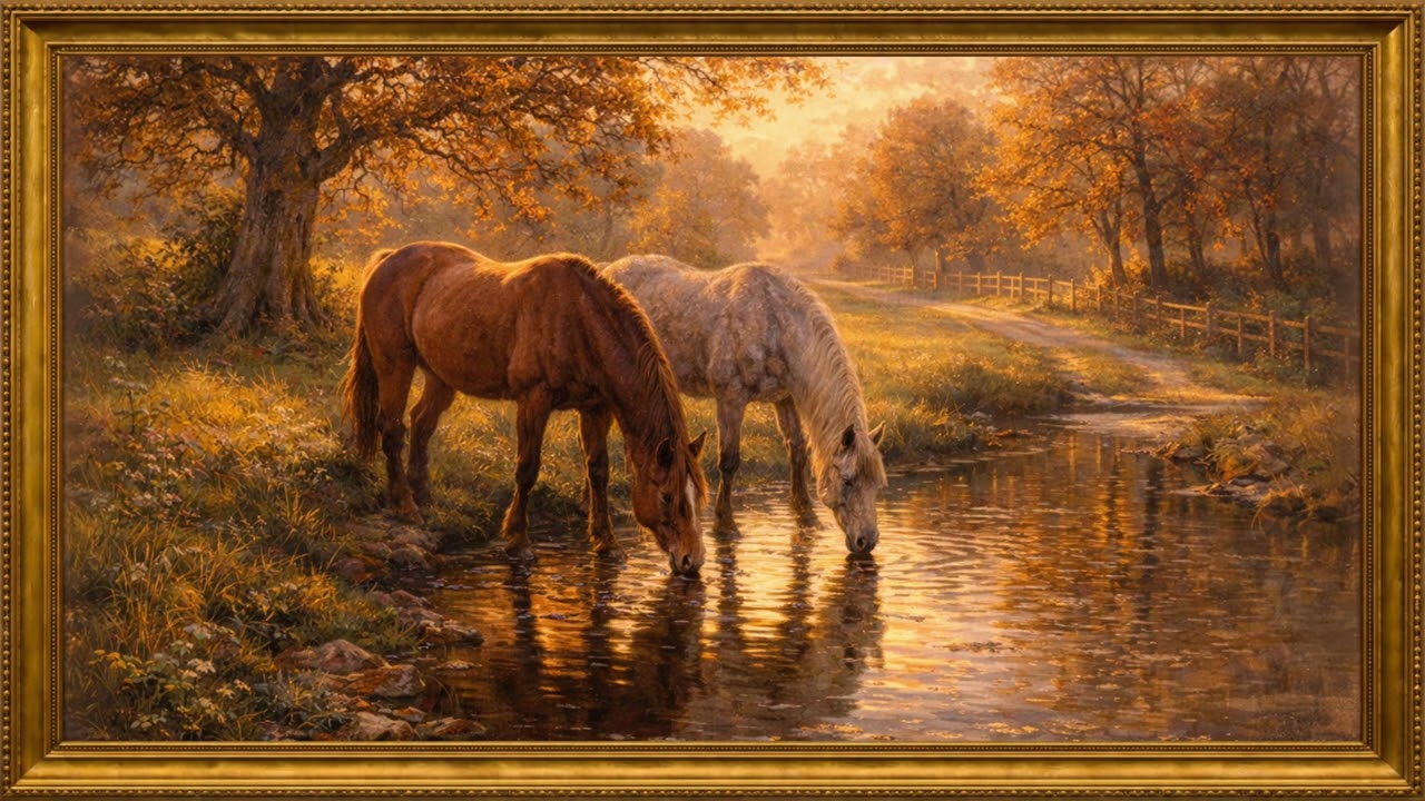 Horses Drinking From an Autumn Stream | 4K Framed Art Screensaver | 2 Hours Silent Painting for  TV