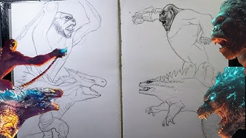 How to draw Godzilla & Kong vs Shimo & skarking || from G x K || outline and colorning tutorial