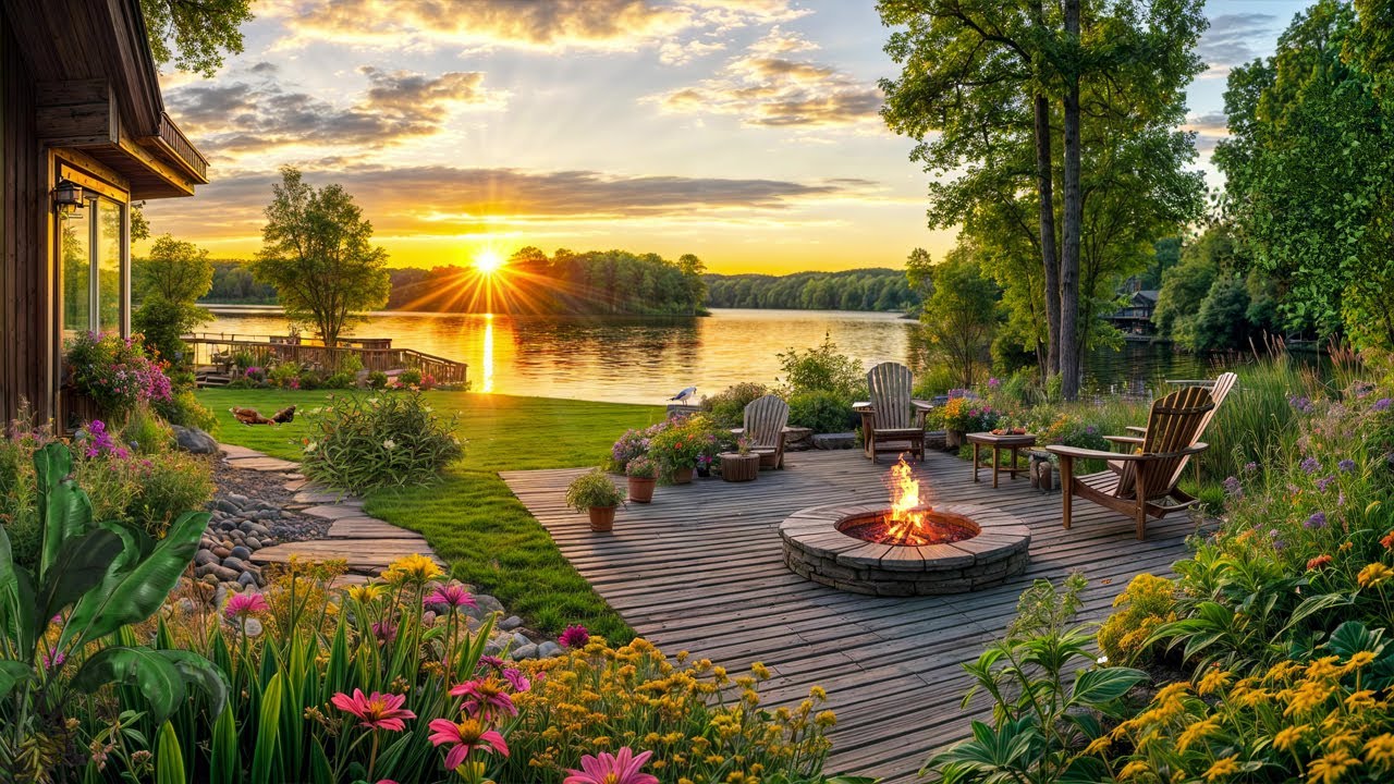Golden Sunset by the Lake – Relaxing Nature Ambience with Birds Singing & Crackling Fire
