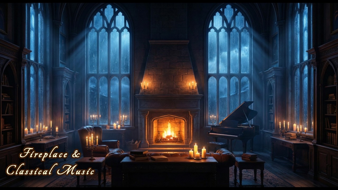 Fireplace Rain Ambience 🌧️ | Dark Gothic Library with Piano & Cello Classical Music