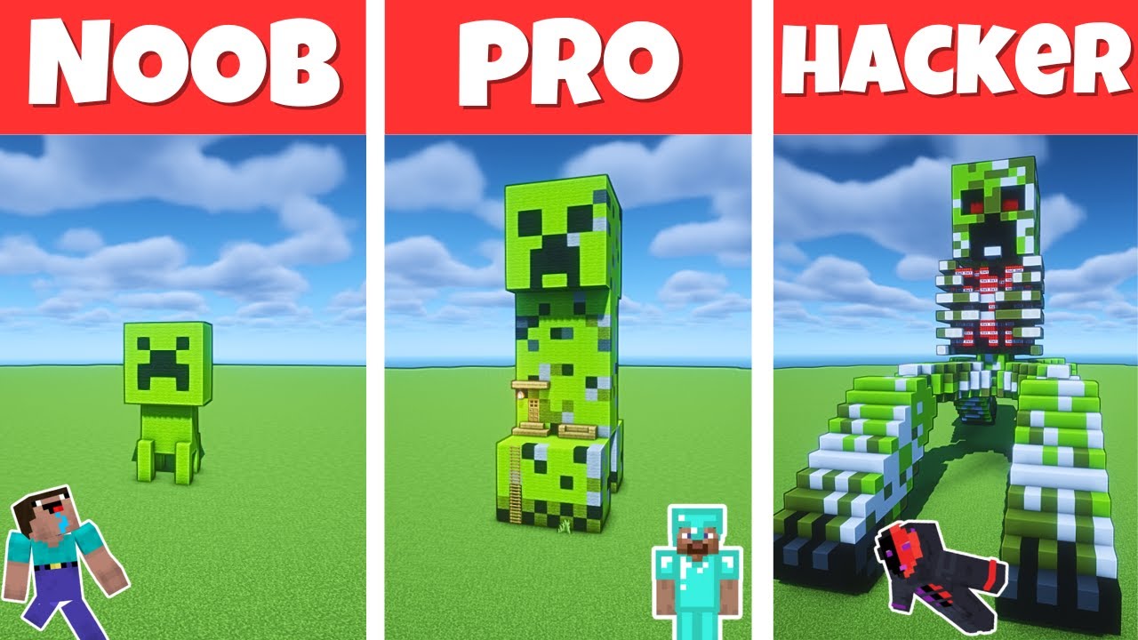 Minecraft NOOB vs PRO vs HACKER: CREEPER STATUE HOUSE BUILD CHALLENGE ...