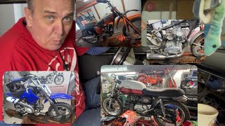 Big shop change up. Triumph, Aermacchi H-D, Ducati and a Chinese dirt bike.  What is on what stand
