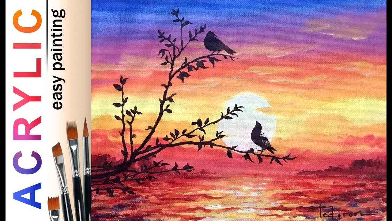 Canvas Oil Painting 11x14 Bob Ross Inspired Stick Tree Birds Sky Hand  Painted