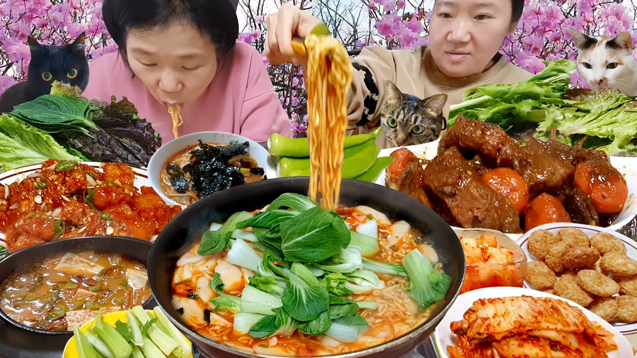 [먹방 브이로그] 그대와 집밥 엔딩🌸 청경채 짬뽕,갈비찜,닭강정,청국장,돈까스,멍게 미나리 비빔밥,김치밥국,쌈야채,누룽지,마늘바게트,당조고추,과자,쑥라떼 아이스크림,고양이합사