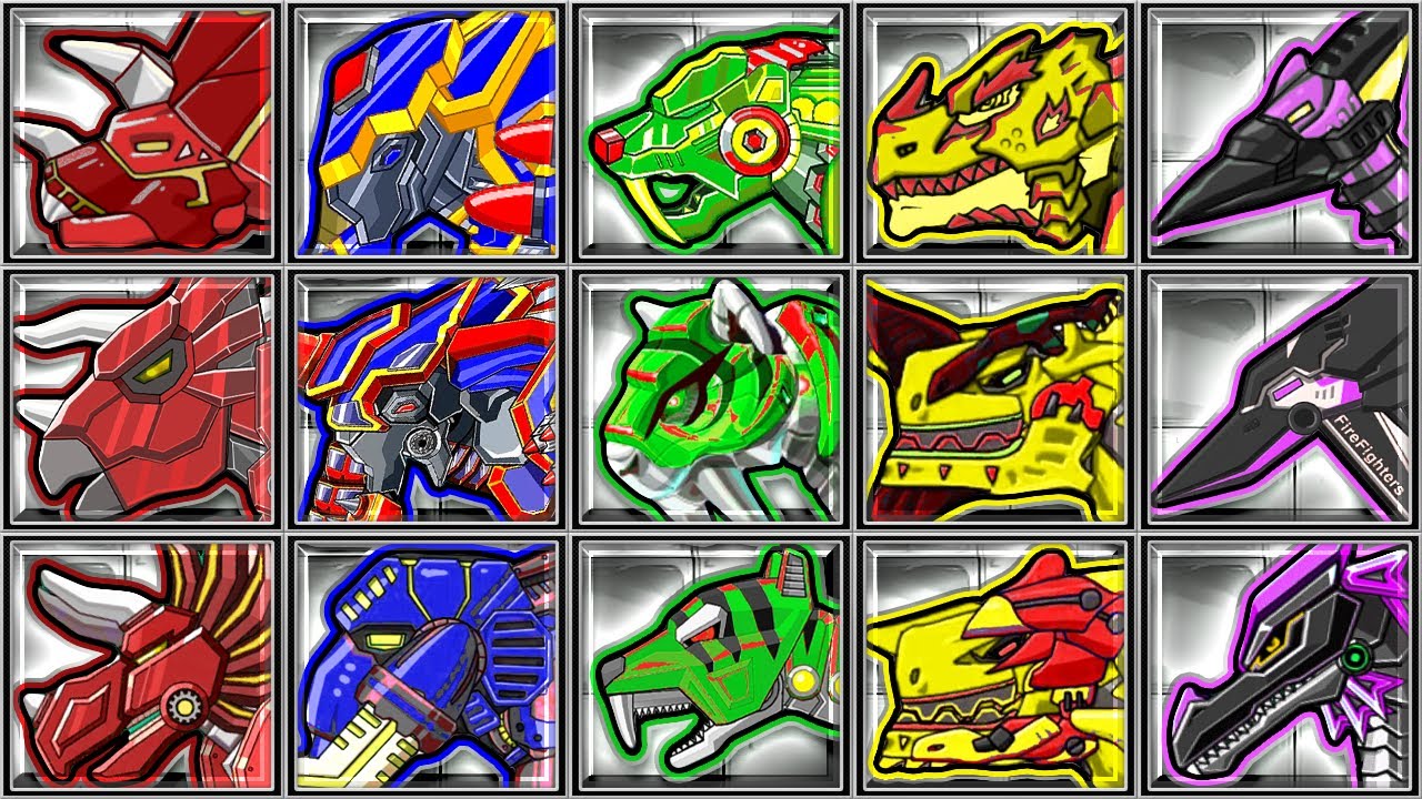 Dino Robot Corps:- #10 Tricera Blue - Mammoth -Tiger -Fire Tyrannosaurus -Ptera Green -Triceratops