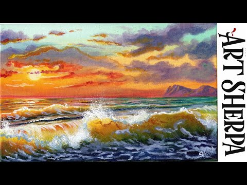 GOLD SUNSET WAVES Beginners Learn to paint Acrylic Tutorial Step by Step