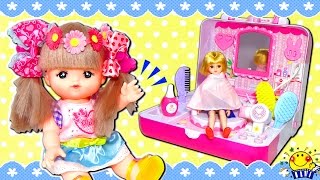 メルちゃん リカちゃん おもちゃの美容室ごっこ遊び❤︎店員になりきり寸劇❤︎いちごのびようしつでヘアアレンジ 美容院♪ロングヘアの髪の毛をいっぱいヘアケア♪おままごと 散髪屋 エルサ風髪型♪Mell