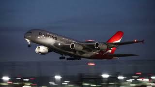 Qantas A380 late night departure from London Heathrow, LHR