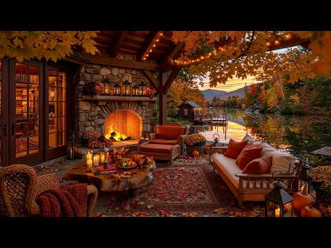 Cozy Fall Porch by the Peaceful Lake 🍂 Gentle Jazz, Fireplace Sounds & Calm Ambience for Relax