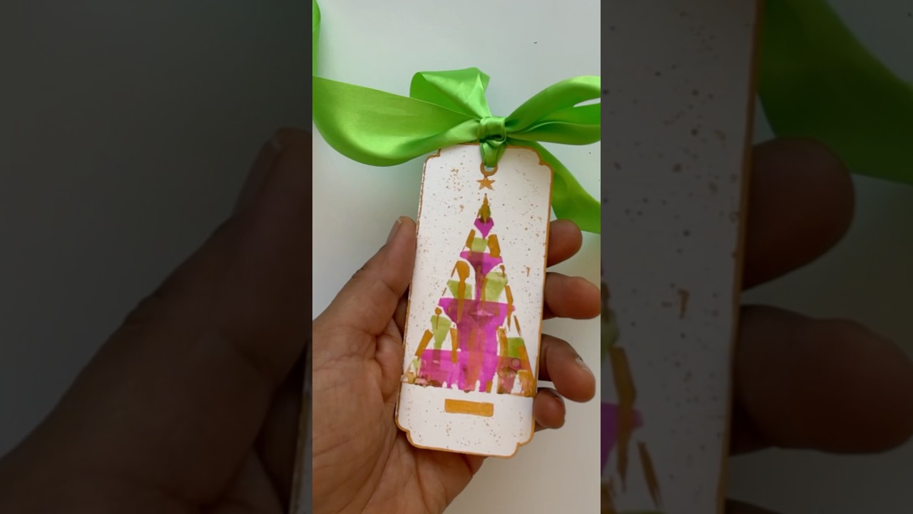 Abstract Christmas Tree Gift Tag with Satin Lime Green Ribbon | Easy Holiday Craft 