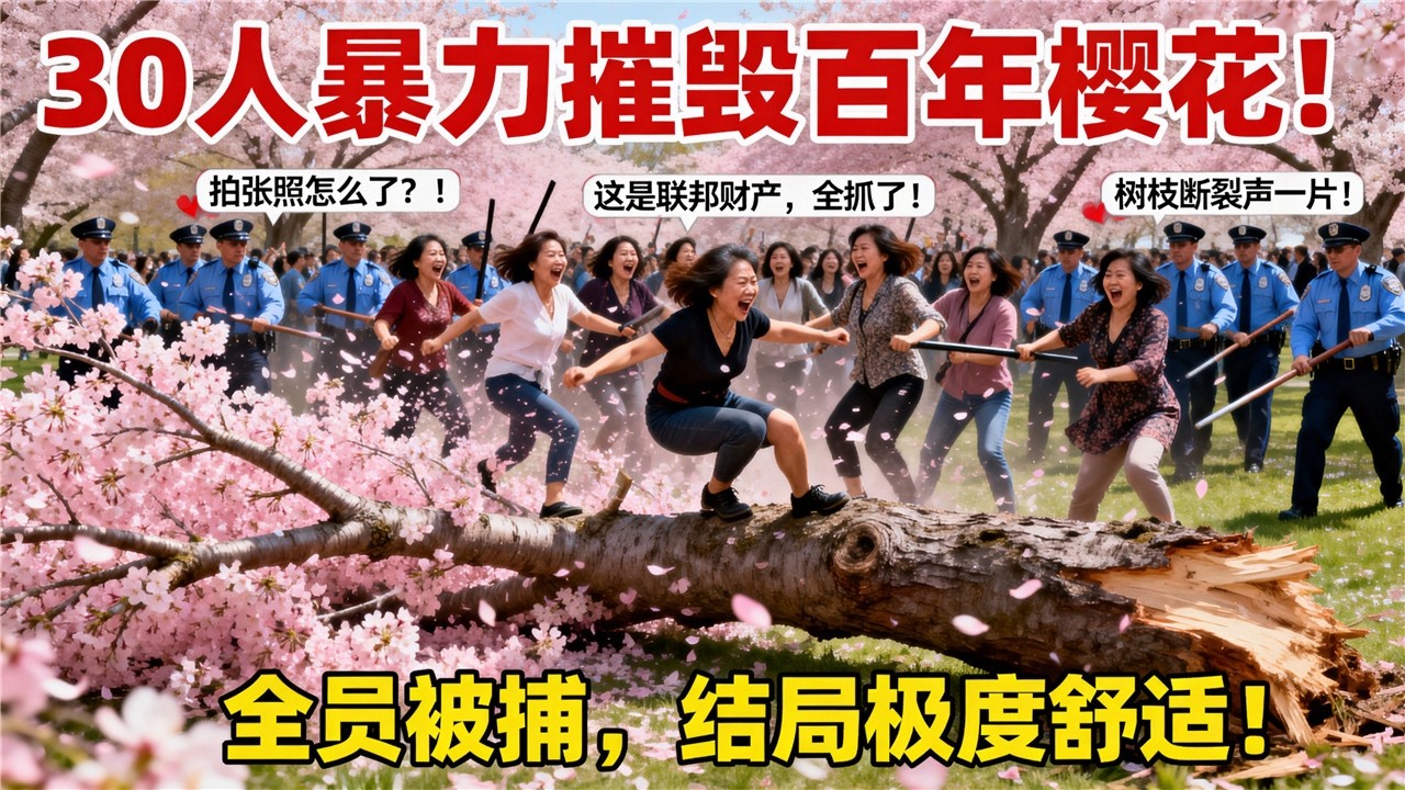 30名大妈攻占华盛顿樱花节！爬上百年樱花树，疯狂摇晃树枝制造'花雨'拍照！树枝断裂声一片！'花本来就是要落的！' 警察持棍清场：'这是联邦财产！
