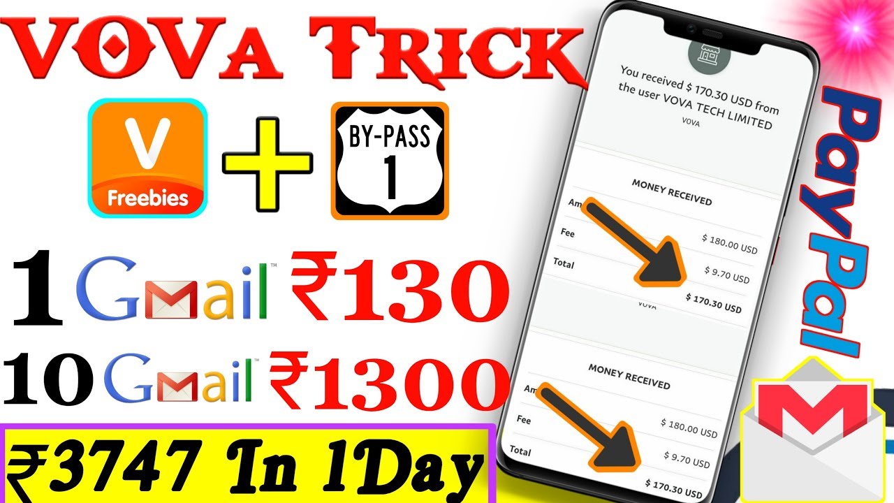 VOVA TRICK!! Earn 190$ Live Proof !! 1Gmail:-₹130, 10Gmail-₹1300 !! Earn ₹3536 In 1Day