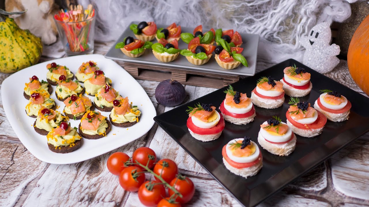 ASMR Mini canapes with olives, salmon and caviar