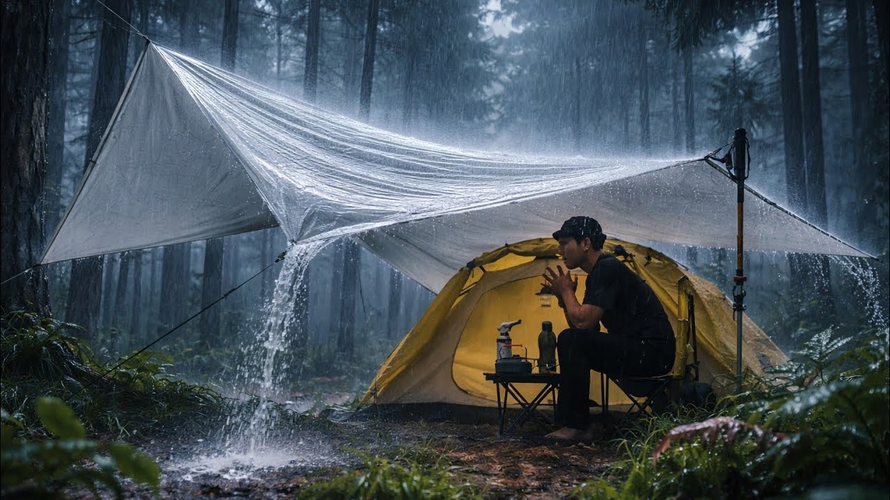 CAMPING IN POURING RAIN | Relaxing Camping In Heavy Rain Forest ...