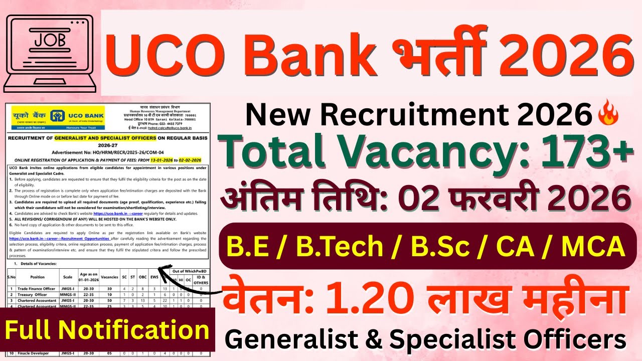 UCO Bank Generalist and Specialist Officers Recruitment 2026 - Apply Online for 173 Posts