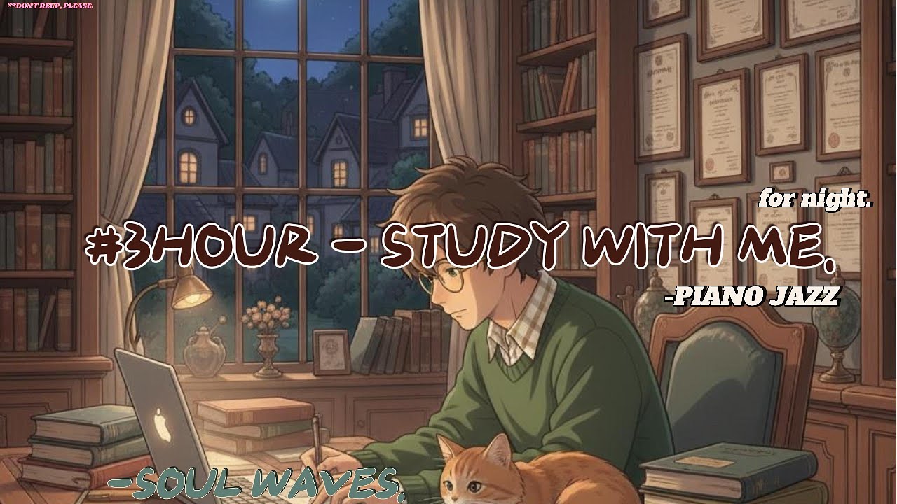 3-HOUR STUDY WITH ME 🌙 | Ghibli for Night 🎹 Jazz Piano and Deep Focus| Pomodoro 50-10
