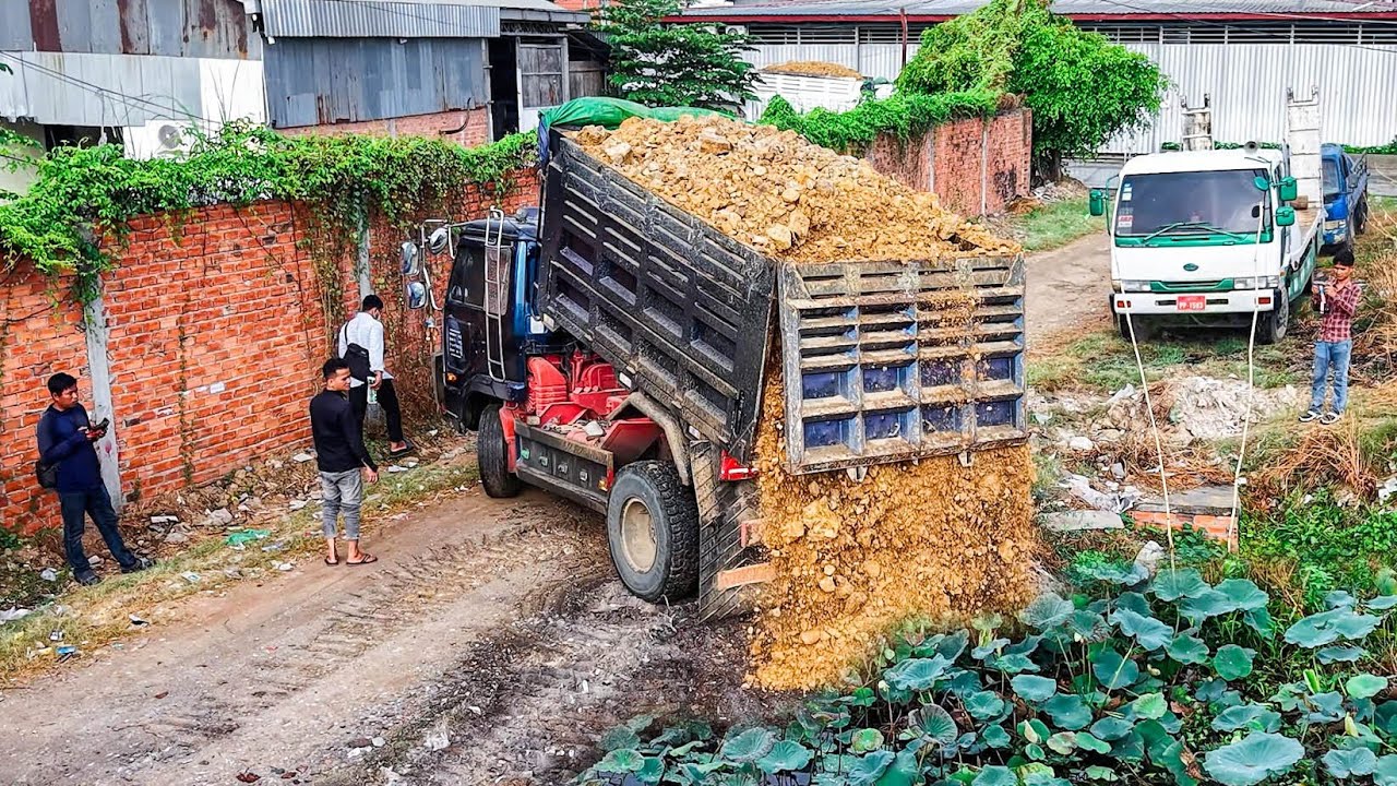 NICELY! Start Project Landfill by Smart Driver 5T Trucks Unloading Soil & Dozer KOMATSU D31P Pushing